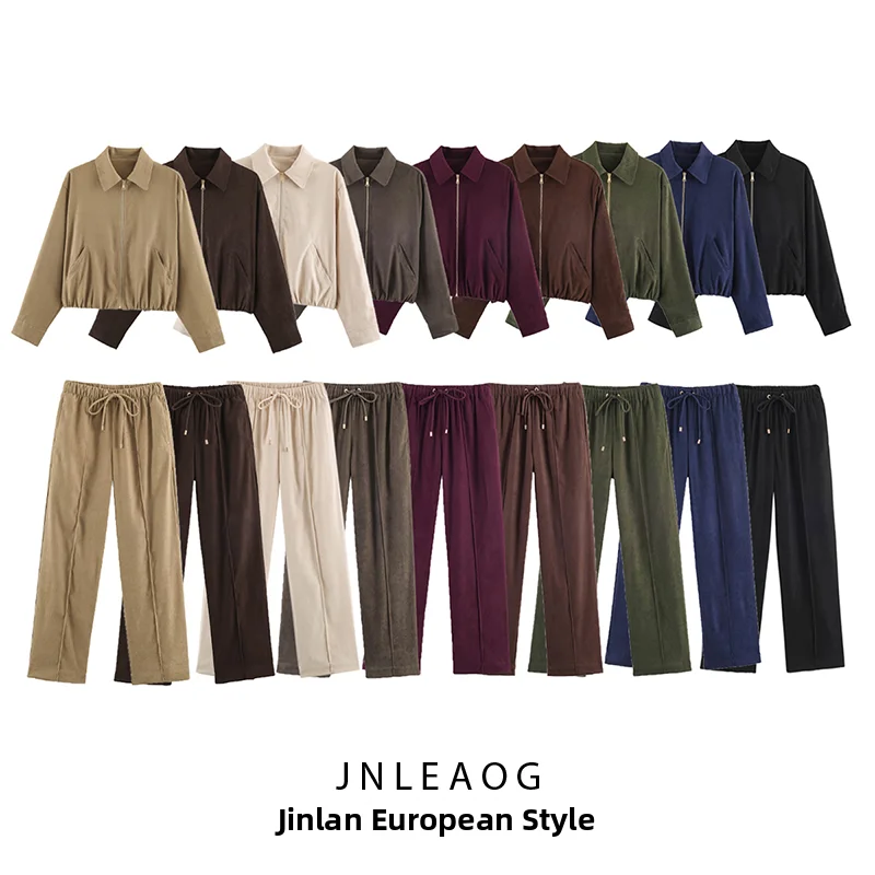 JNLEAOG Summer New Women's Loose Zipper Jacket Elastic Waist Wide Leg Pants Fashion Set Polyester Fiber Long Sleeve Regular L...