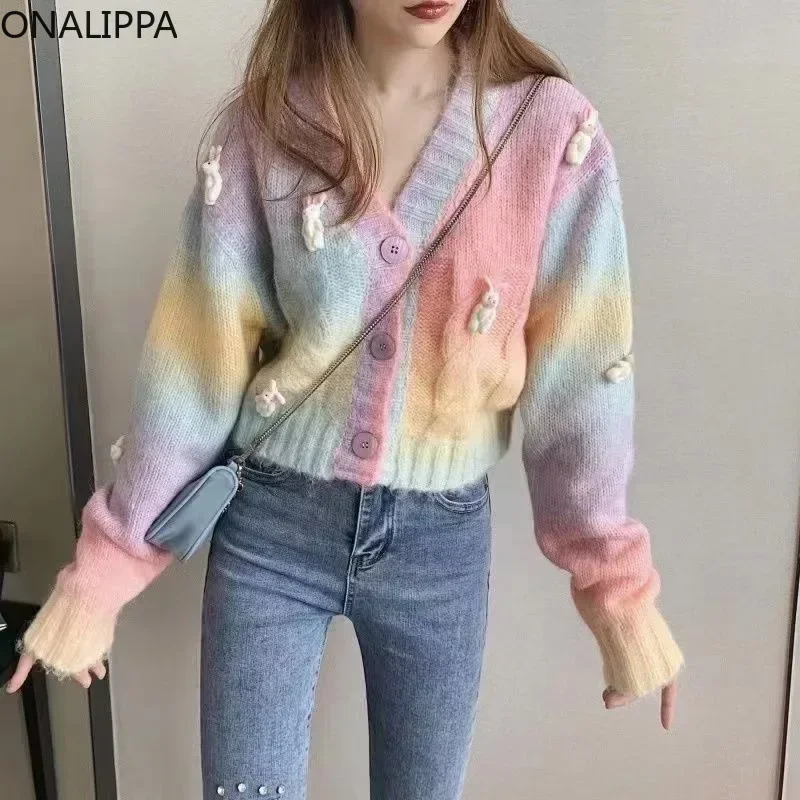 Onalippa Rainbow Color Contrast Sweet Knitted Cropped Cardigan Three Dimensional Rabbits Cardigans Slouchy Style Loose Sweater