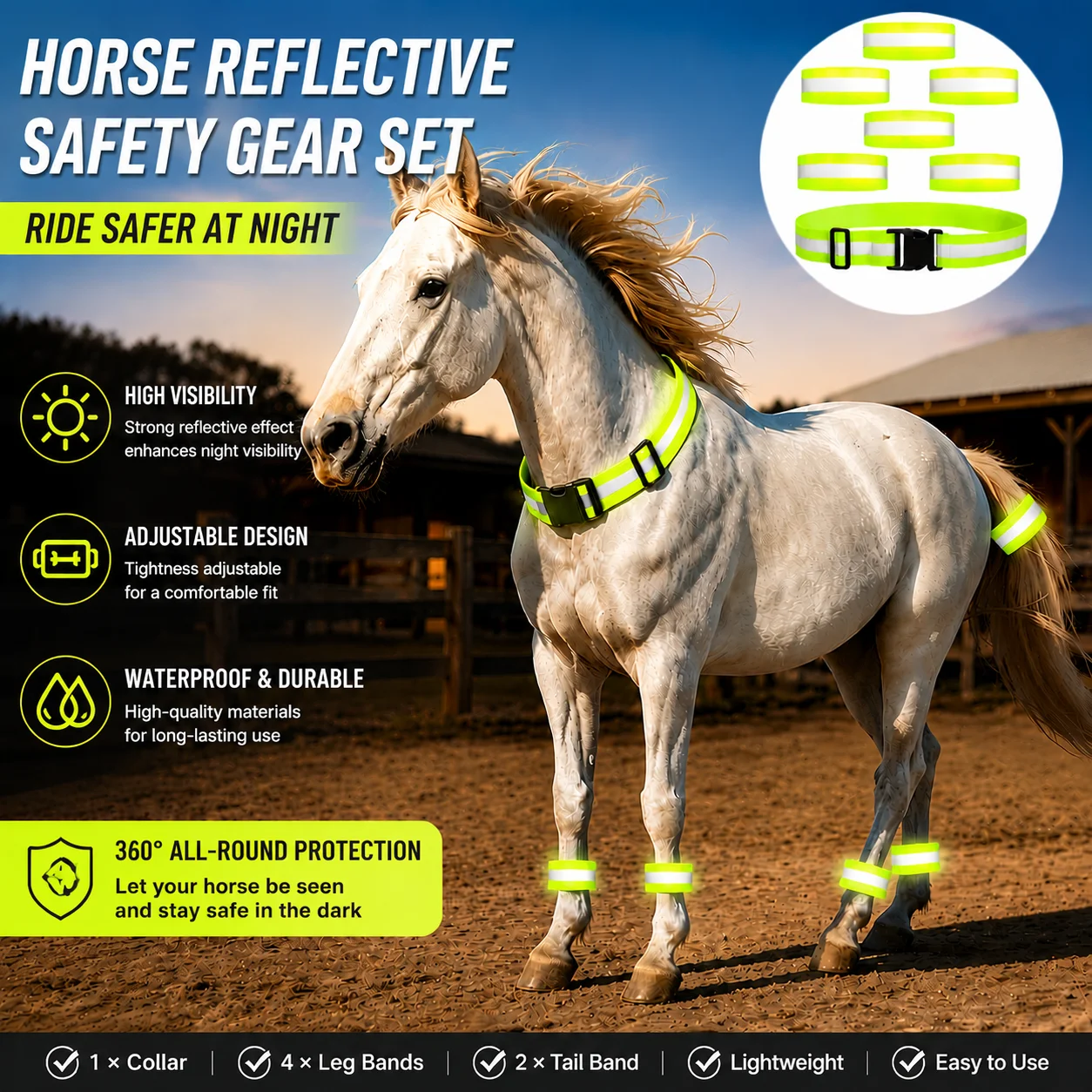馬用-7-個入り馬具キット-反射ストリップ付き-調節可能な弾性首輪-軽量ギア-夜間乗馬トレーニング用