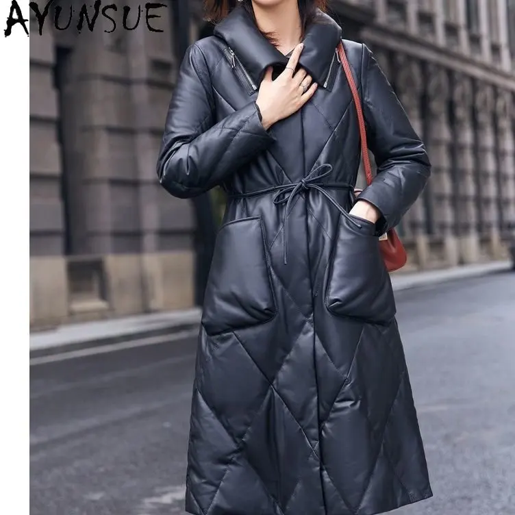 Ayunsue 2023 Winter echte Schaffell Mantel 90% weiße Enten Daunen jacke Frauen mittellange warme Lederjacken lange Daunen mäntel Outwear