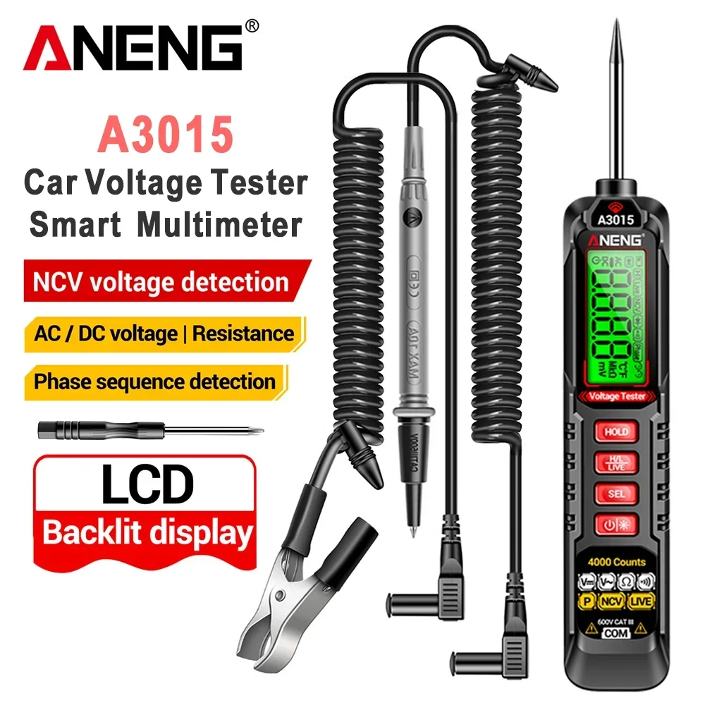 

ANENG A3015 Digital Multimeter 4000 Counts AC/DC Voltage Resistance Tester NCV Live Wire Detector with Phase Sequence Detection