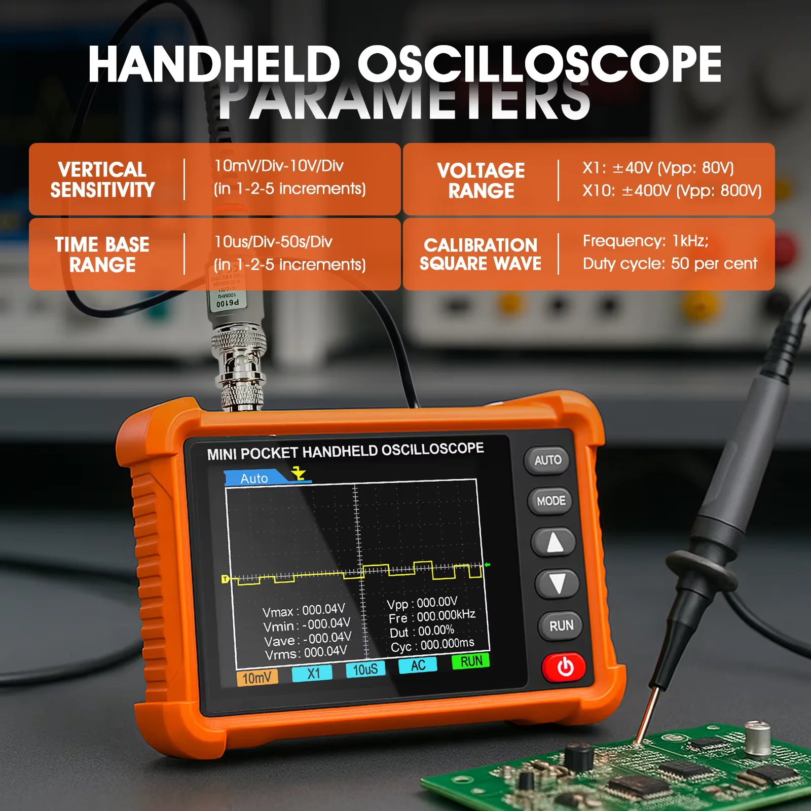 Handheld Oscilloscope, 2.5MS/s Real Time Sampling Rate & 500kHz Bandwidth, 2.8-inch Display, Compact Electronic Oscilloscope