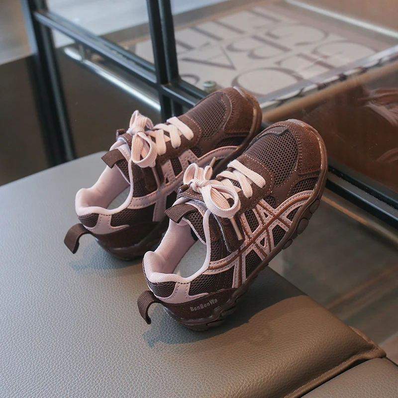 Girls Breathable Mesh Sneakers with Bow Laces Kids Retro Running Lightweight Non-Slip Athletic Casual Walking Shoes Brown Pink