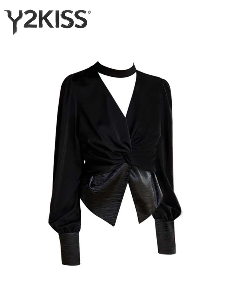 

Осенне-зимняя женская рубашка Old Money, черный французский винтажный топ с v-образным вырезом и длинными рукавами, эстетичная лоскутная блузка, дизайн кокетли