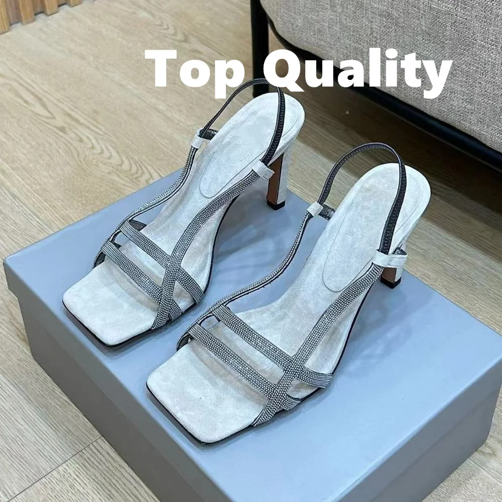 Shiny Decorative Fine Heel Slippers Women Simple Square Toe Gladiator Open Toe Slippers Banquet Dress Shoes Root casual shoes