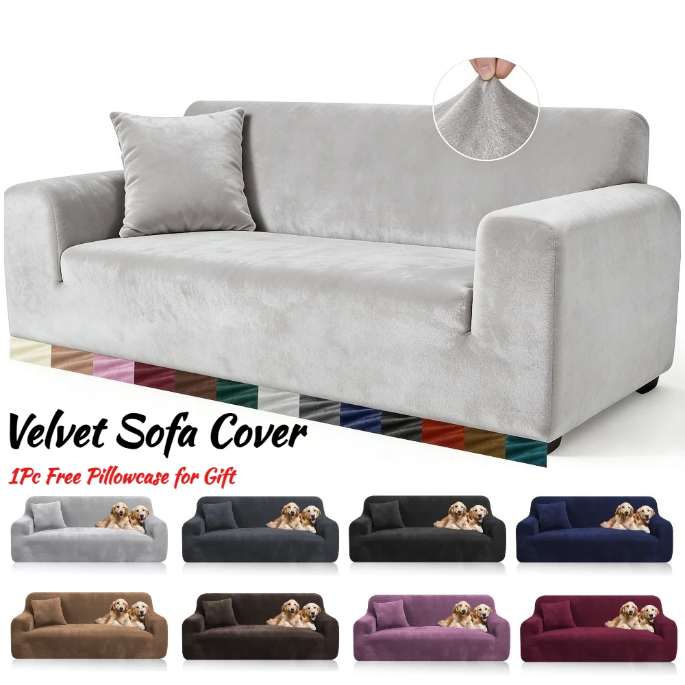 Plush Velvet Sofa Cover 1/2/3/4 Seater Stretch Couch Slipcover with 1Pc Pillowcase for Living Room Loveseat Couch Recliner Cover
