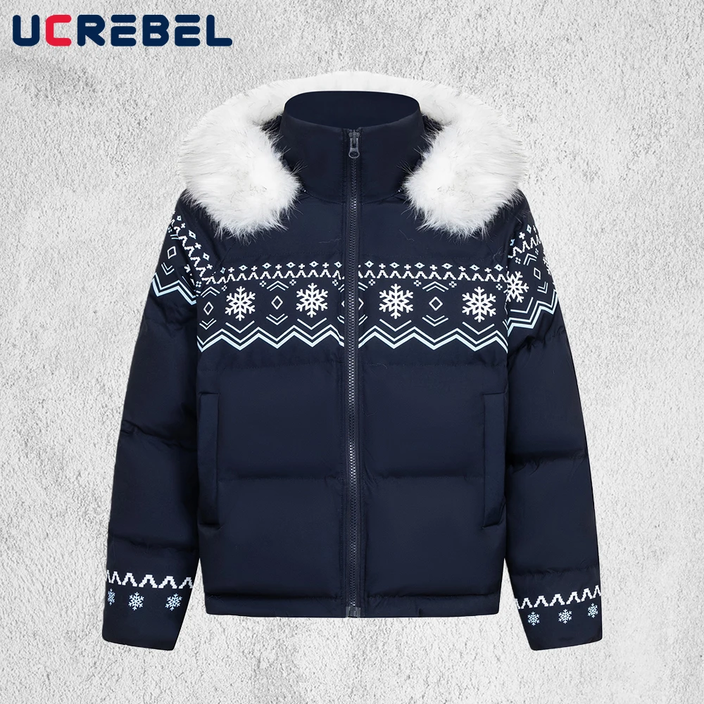 

Print Hooded Padded Jacket Mens Removable Hat Winter Thick Retro High Street Loose Long Sleeve Padded Jacket Man Outerwear