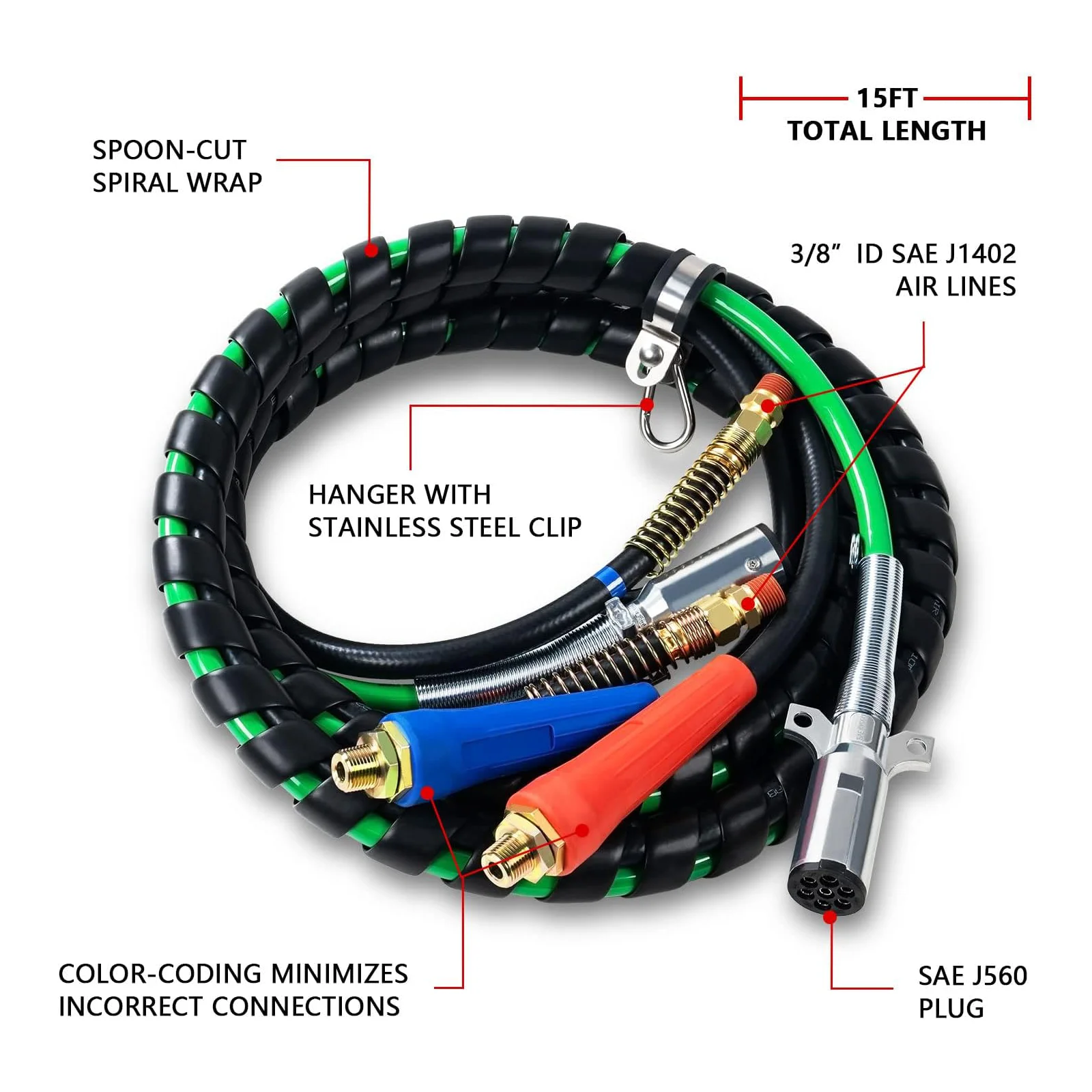 15ft 3 in 1 ABS & Power Air Line ท่อชุดสายการบิน Air Hose Wrap 7 WAY ไฟฟ้าสาย Air เส้นอลูมิเนียม EXTENSION จับ