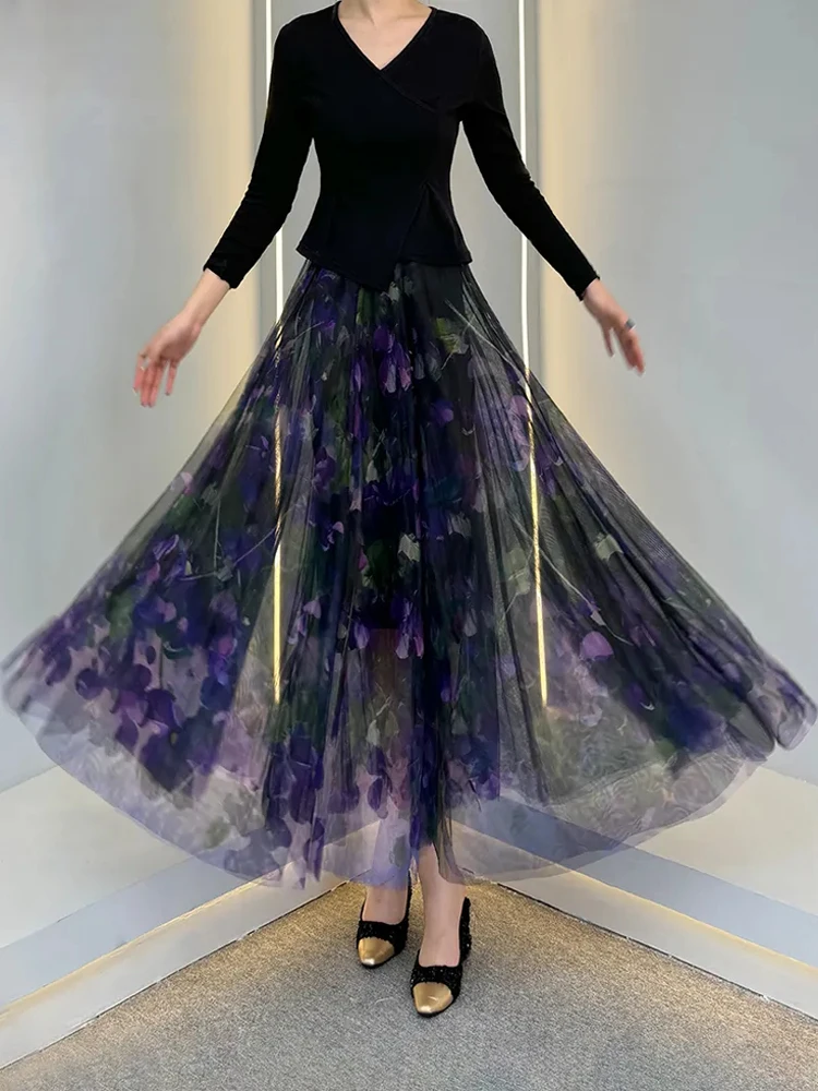 

Summer 2025 New Sle Women's Printed Tulle Skirt Fairy Skirt Slimming A-Line Long Skirt High Waist Floa Gossamer Fabric