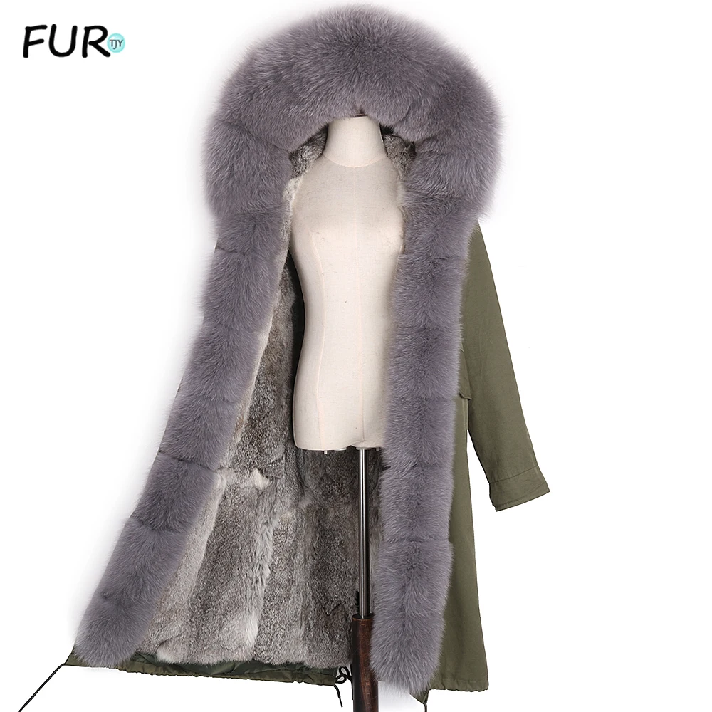 Winter Fashion women parkas rabbit fur lining hooded X-long coat outwear army green Large raccoon fur collar winter warm jacket