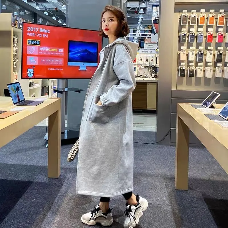 Korean Style  Color Versatile Zipper Cardigan Hoodie Women's Outerwear Mid-Length Fleece Lined Thickened Loose New Model
