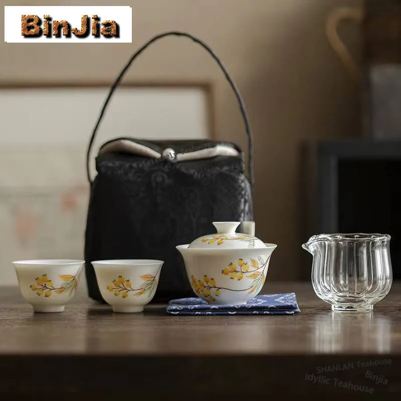 

Boutique Hand-painted Loquat Cover Bowl Set Outdoor Portable Cotton Bag Set Retro 1 Bowl 2 Cups Tea Making Tote Bag Collection