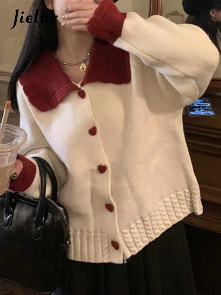 

Jielur Autumn New Casual Slim Cardigan Woman Contrast Color Sweet Ladies Street Cardigan Female White Red Grey Knitted Cardigan