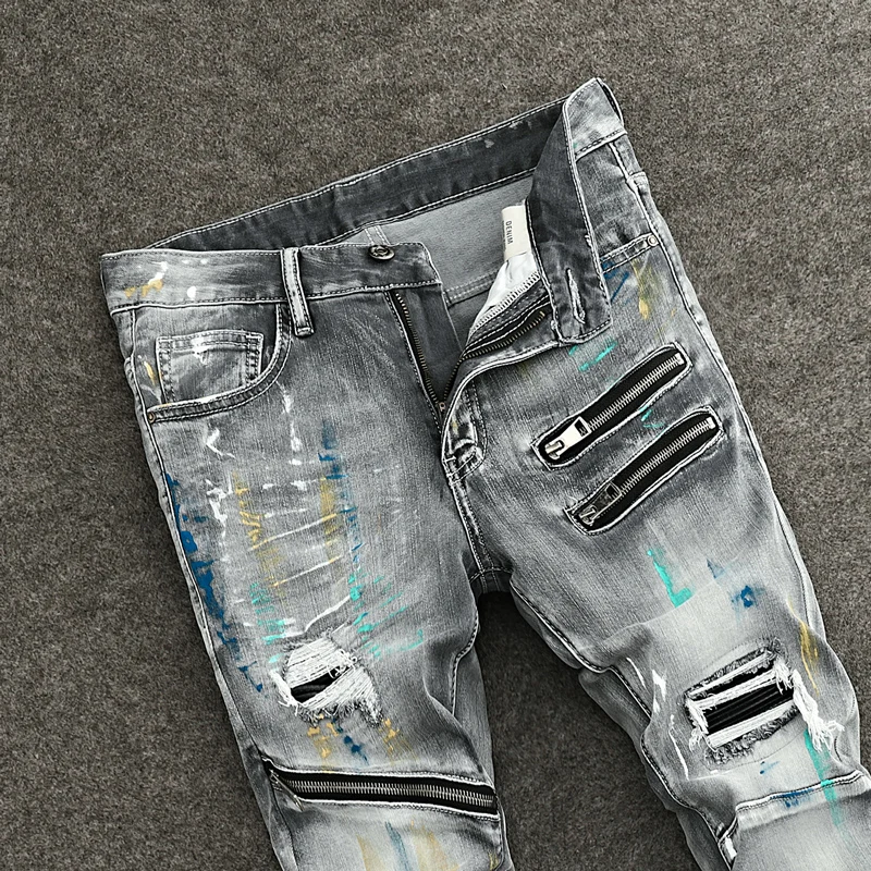 Street Fashion Designer Men Jeans Retro Gray Stretch Slim Fit Patched Ripped Jeans Men Y2K Hip Hop Denim Biker Pants Hombre