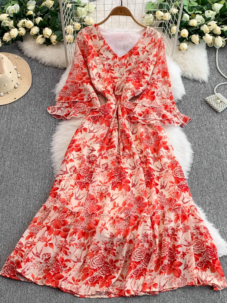 Boho vintage donna estate chic scollo a V stampa floreale abito lungo elastico in vita INS festa elegante abito da vacanza al mare con maniche svasate