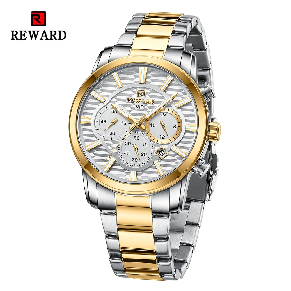 New REWARD VIP Dress Quartz Watches for Men Chronograph Luminous Waterproof Stainless Steel Sport Man Wristwatch