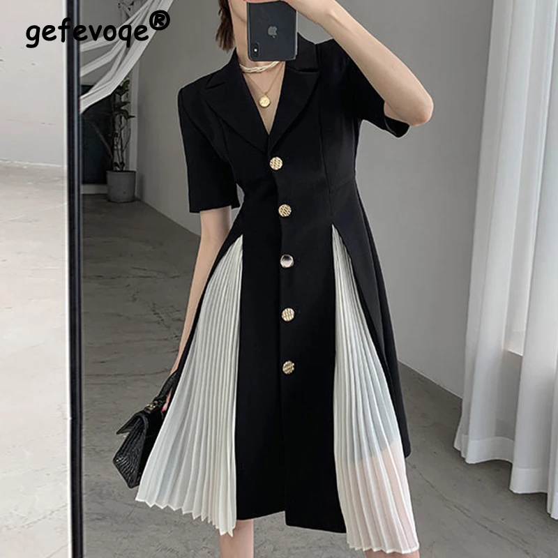 Women Summer Notched Neck Pleated Patchwork Elegant Dresses Fashion Single Breasted Business Casual Office Lady Slim Midi Dress