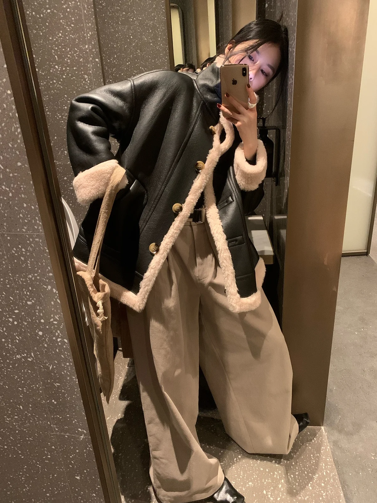 NICEJJ dubbelzijdig te dragen losse lamsbontjas dames herfst-winter verdikte leren bontjas met geïntegreerd leer