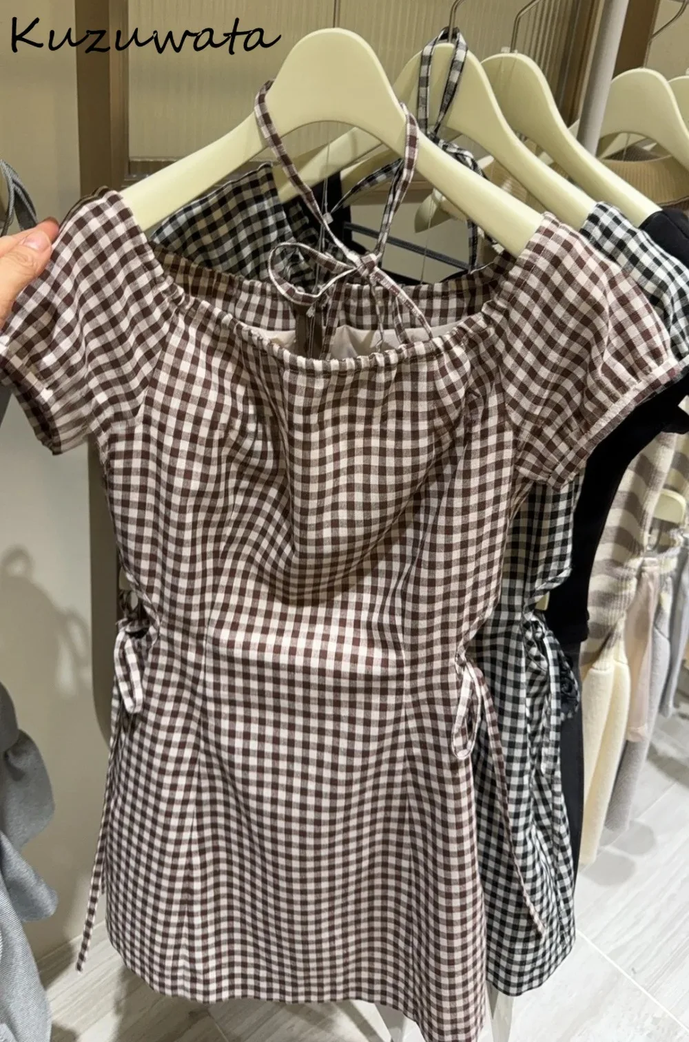 

Kuzuwata Minority Hollow Out Casual Plaid Princes Dress Off Shoulder Lace Up Slim Waist Femme Robe Japan Short Halter Cute Mujer