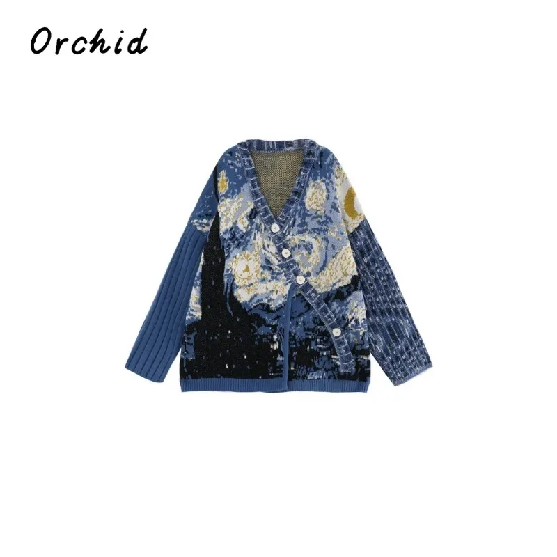 2023 Autumn Winter Fashion Vintage V-neck Van Gogh Starry Sky Hand-painted Pattern Sweater Women Loose Warm Chic Knitted Top