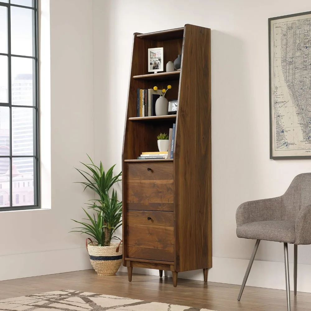 Mid-Century Modern Tall Narrow Bookcase with Drawers in Grand Walnut Finish by Sauder Harvey Park