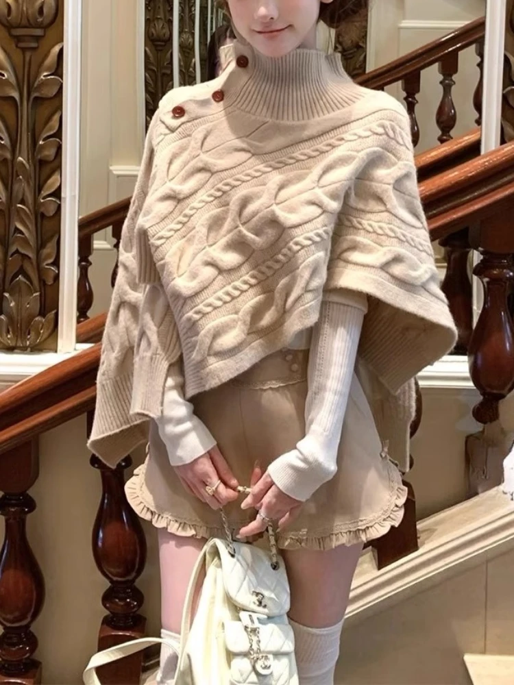 

Новый осенний элегантный винтажный вязаный плащ с высоким воротником, женский дизайн, милое пальто в стиле ретро, топы, японская мода, повседневная одежда в стиле ретро для мероприятий