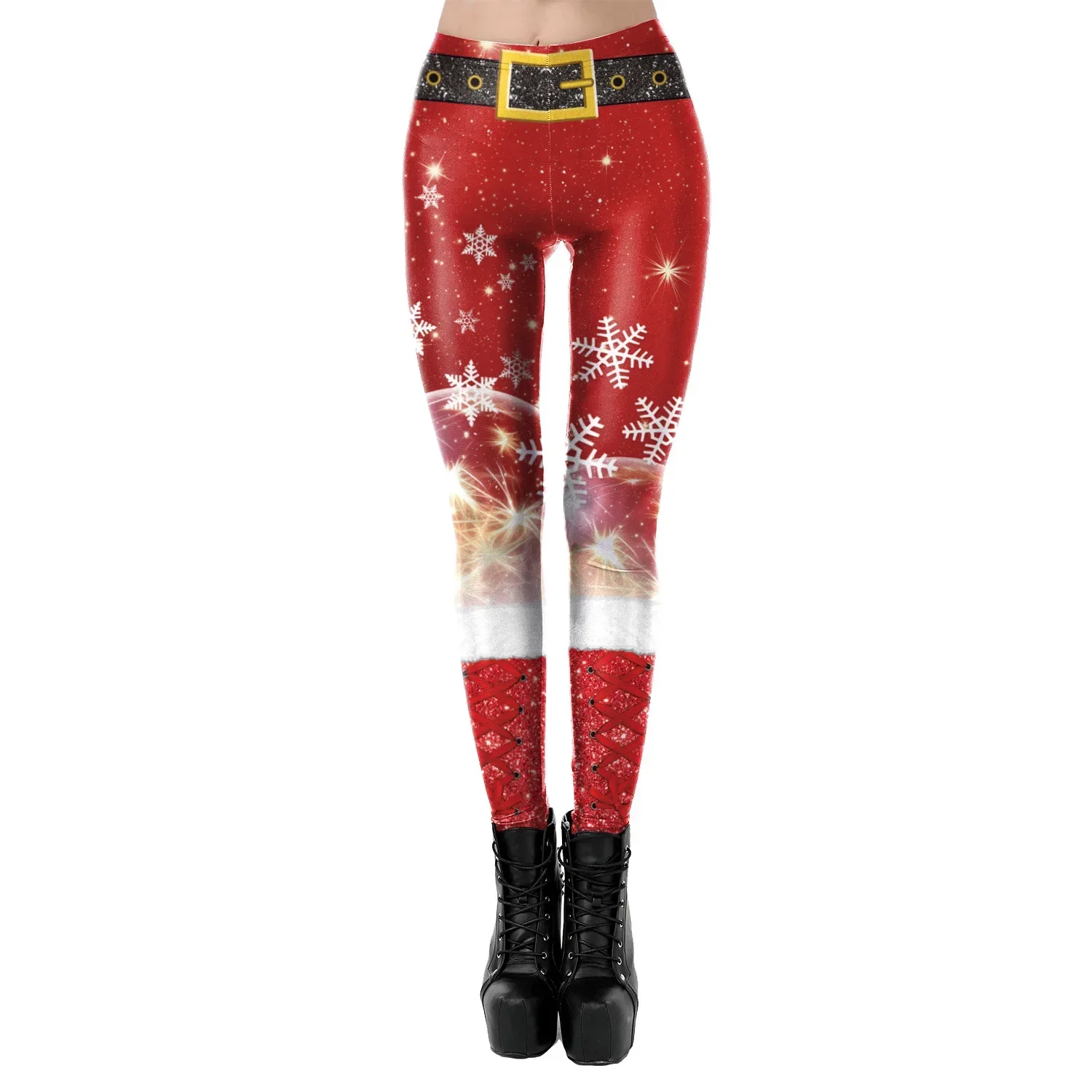 Natale Donna Cintura natalizia Leggings Babbo Natale Cosplay Pantaloni da festa stampati in 3D Leggins skinny a vita alta elastici per adulti in spandex