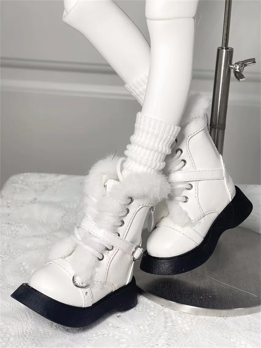 BJD دمية أحذية الفتيات أنيقة 1/4 جولة تو سميكة سوليد لينة حذاء من الجلد الهدايا منتصف العجل أبيض أسود حزام فروي إكسسوارات دمي #5