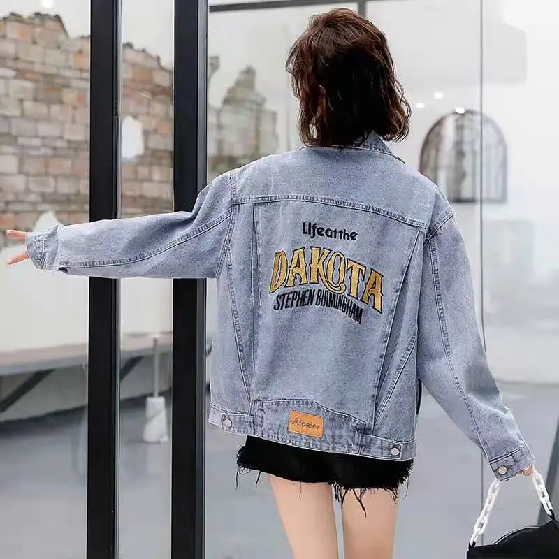 

Fried Street Denim Jacket Women 2025 New Spring Autumn Denim Jacket Female Korean Loose Letter Short Jacket Lady Tops Streetwear