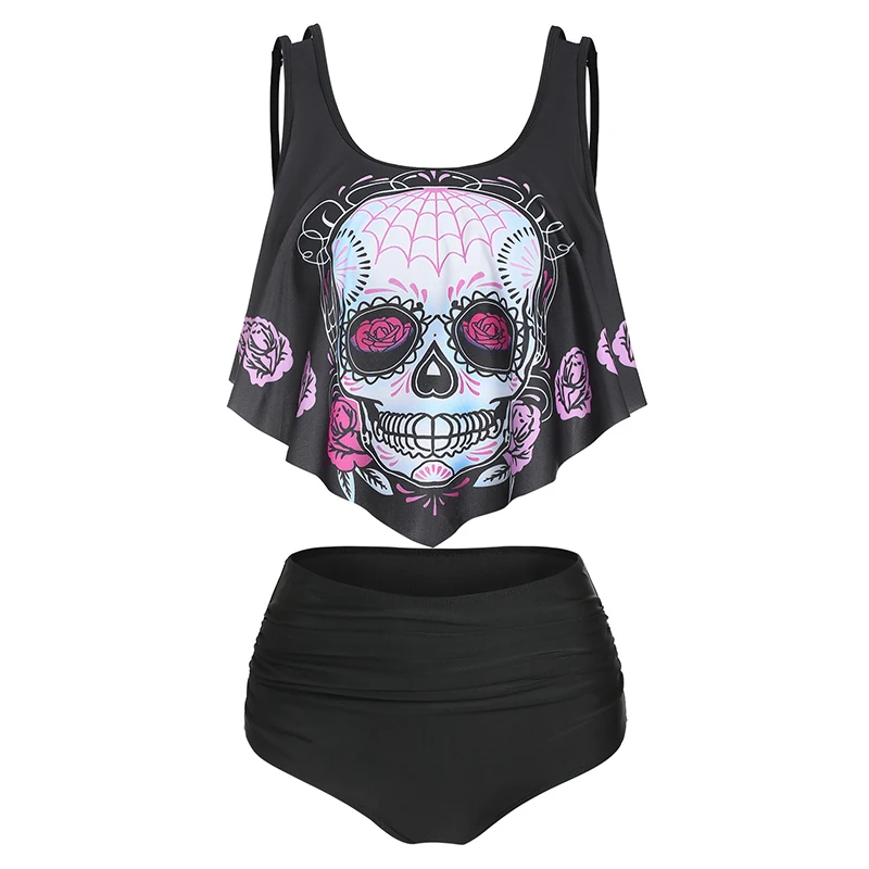 Gothic Skull Flower Print Flounce Tankini Set Swimsuit Two Piece Tankinis Bathing Suit Swimwear купальник женский