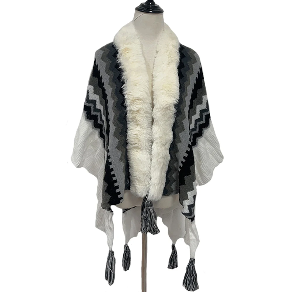 

Ethnic Style Knitted Cardigan Women Ruffles Striped Fringe Cloak Ladies Autumn Winter Shawl Fur Trim Cape Faux Fur Collar Coat