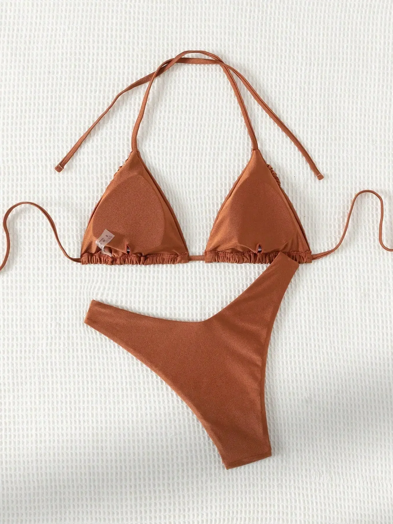 Solid Color Coffee 2 Piece Swimsuit for Women 2025 New Pleated Triangle Halter Backless Bikini Set Swimwear Beach Bathing Suit