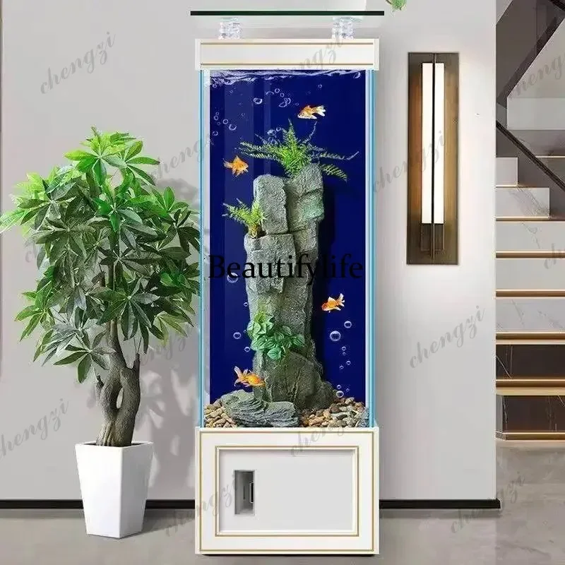 

HR NQ Square High-Definition Glass Goldfish Aquarium, Low-Maintenance Floor-Standing Back Filter Tank for Living Room Furniture