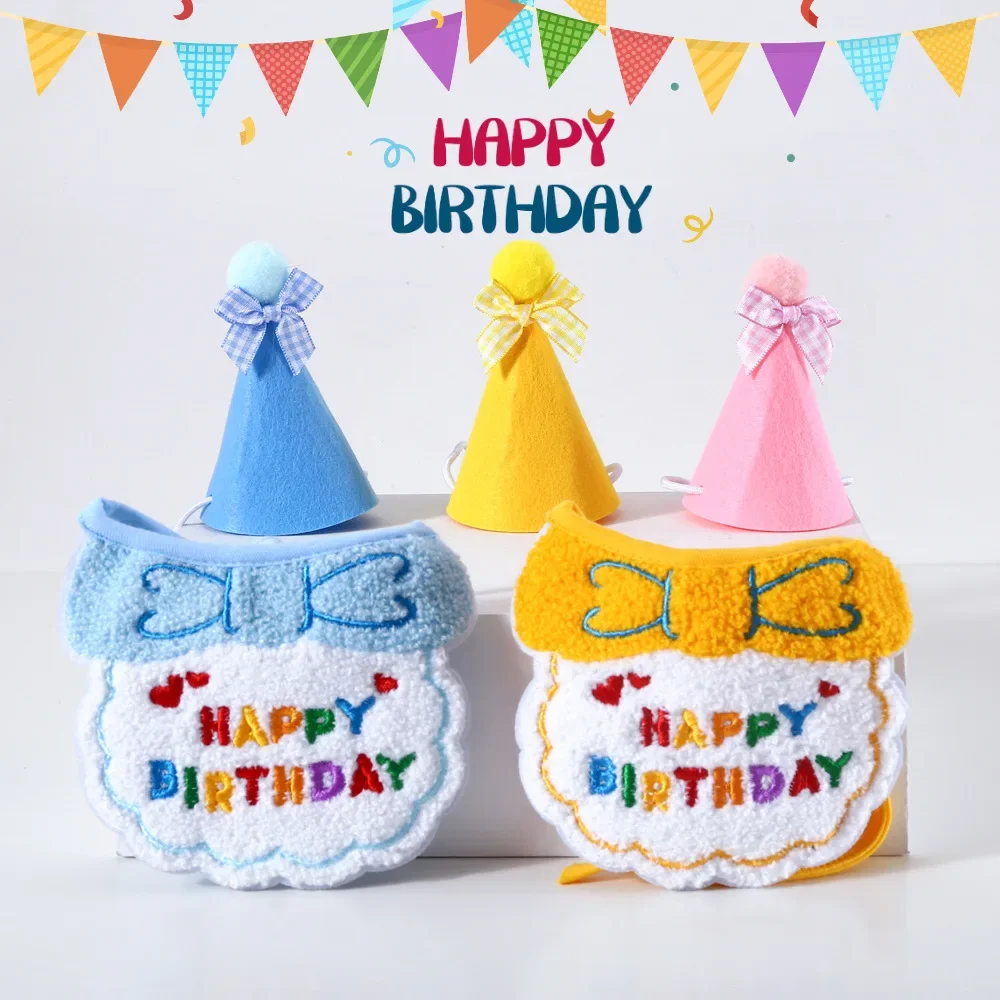 Pet Cat Dog Happy Birthday Scarf and Cute Party Hat for Girls Boys Cat Birthday Gift Decorations Set with Soft Scarf & Hat