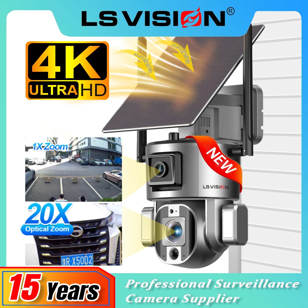 LS VISION 20X Zoom 4K 4G SIM Solar Camera Outdoor Wifi Surveillance Cameras 8MP Dual Screens Humanoid Tracking Cctv Security Cam