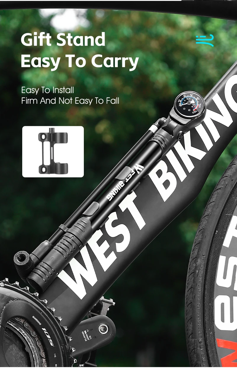 WEST BIKING Fahrradpumpe aus Aluminiumlegierung, 120 PSI, tragbare Hochdruck-Handpumpe mit Manometer, Doppelventil für Fahrrad und Motorrad – Detail 13
