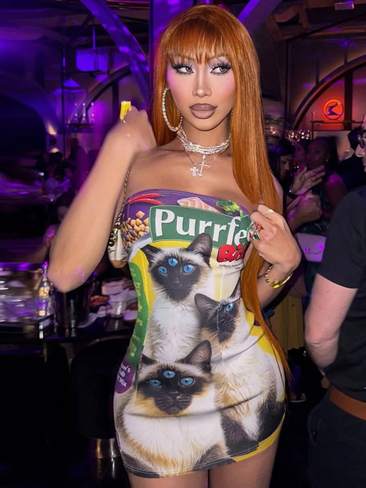 Nibber Sexy Kat Brief Print Vrouwen Jurk Y2K Leuke Zomer Trend Strapless Strakke Stretch Hipster Skinny Midnight Club Mini Bodycon