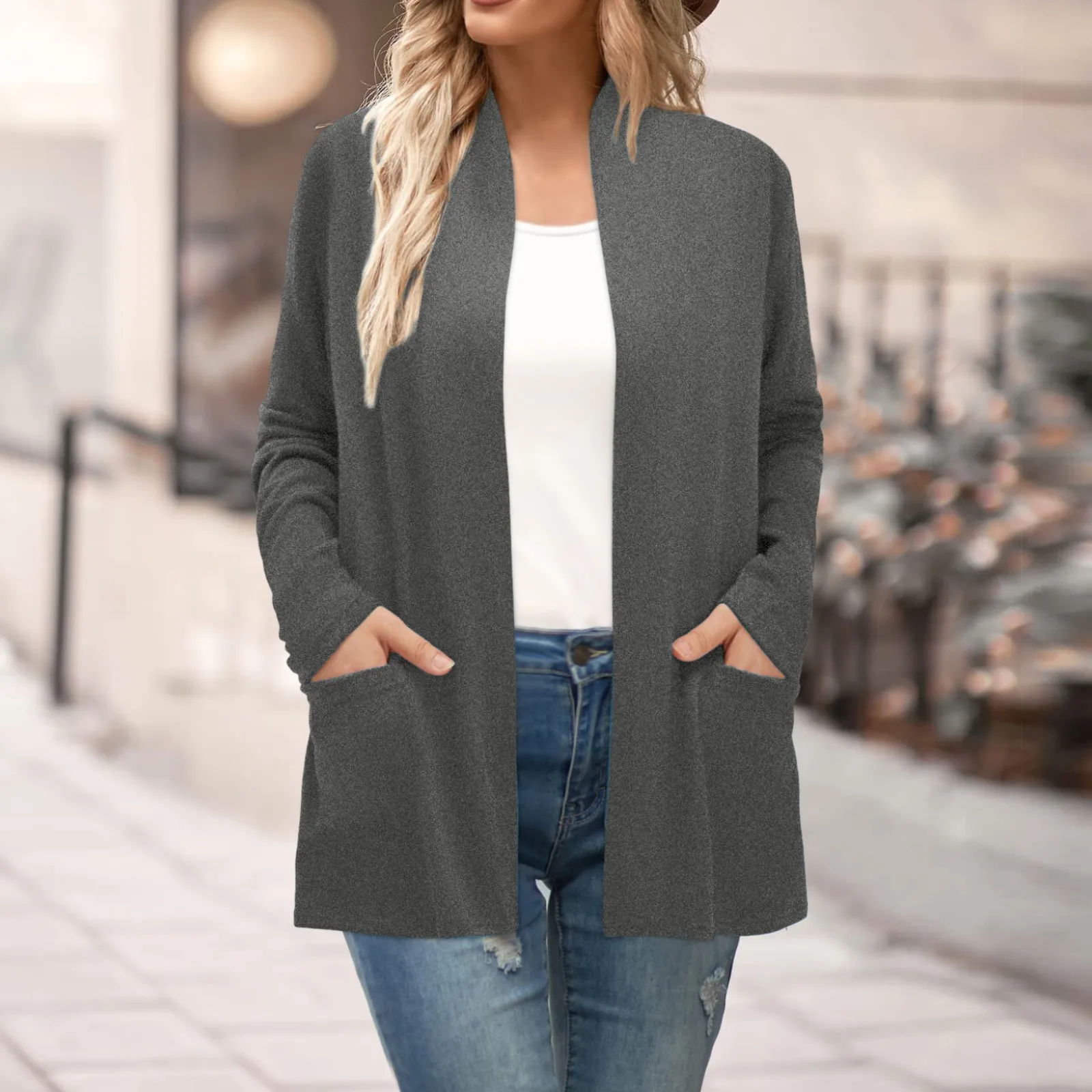 

Winter Women's Casual Solid Colour Cardigan Jacket Women's Fashion Lightweight Pocket Long Sleeve Cardigan Sweater Top Cardigan