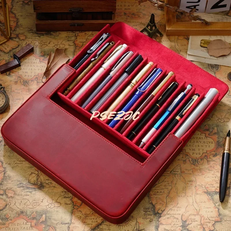 Luxury Genuine Leather Crazy Horse Leather Handmade Magnetic Drawer Style Student Storage Box with Detachable Pen Holder