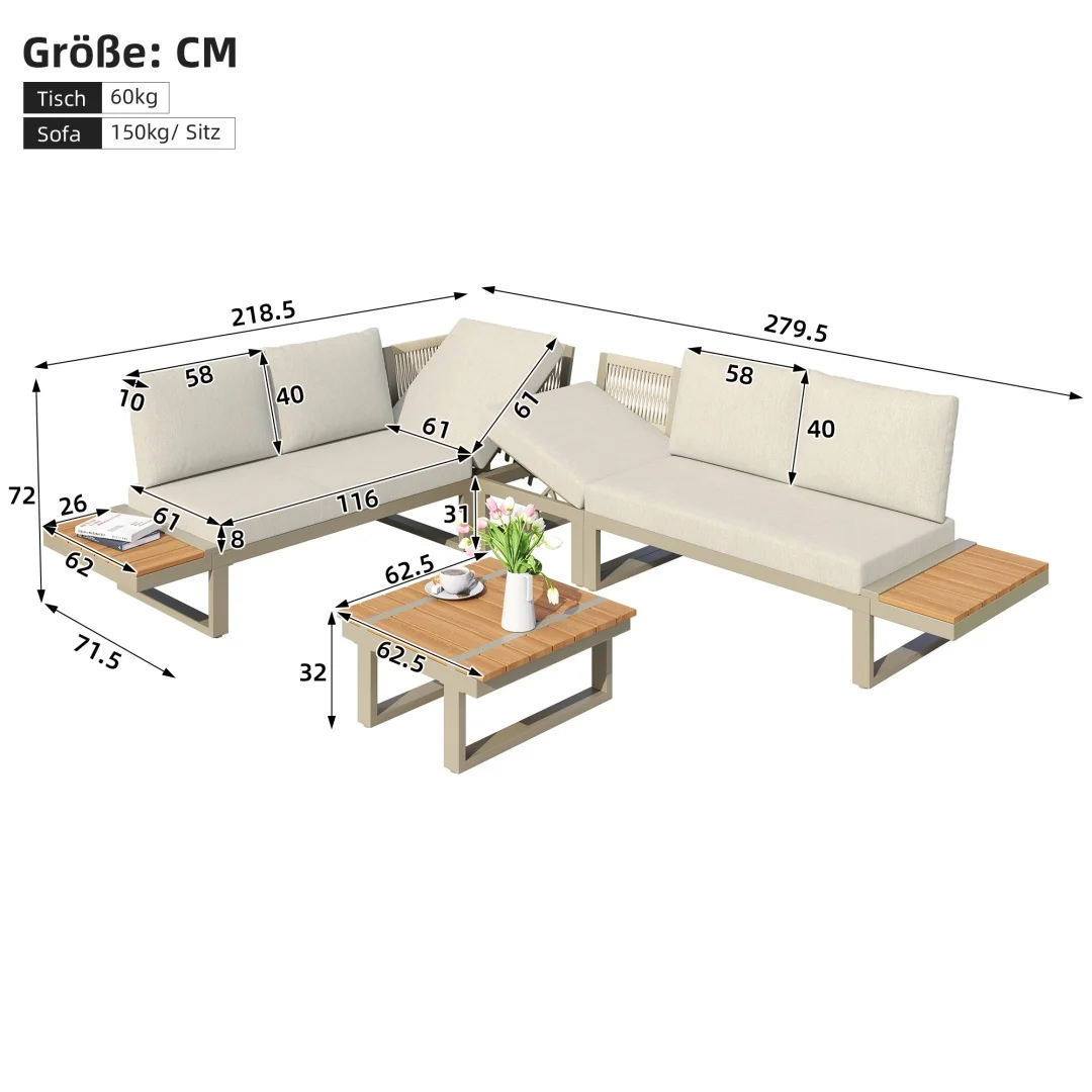 Tuinmeubelset, om te bouwen tot 2 relaxbedden, hoekpositie, tafel met bijzettafel, buitenbank. Tuinbank