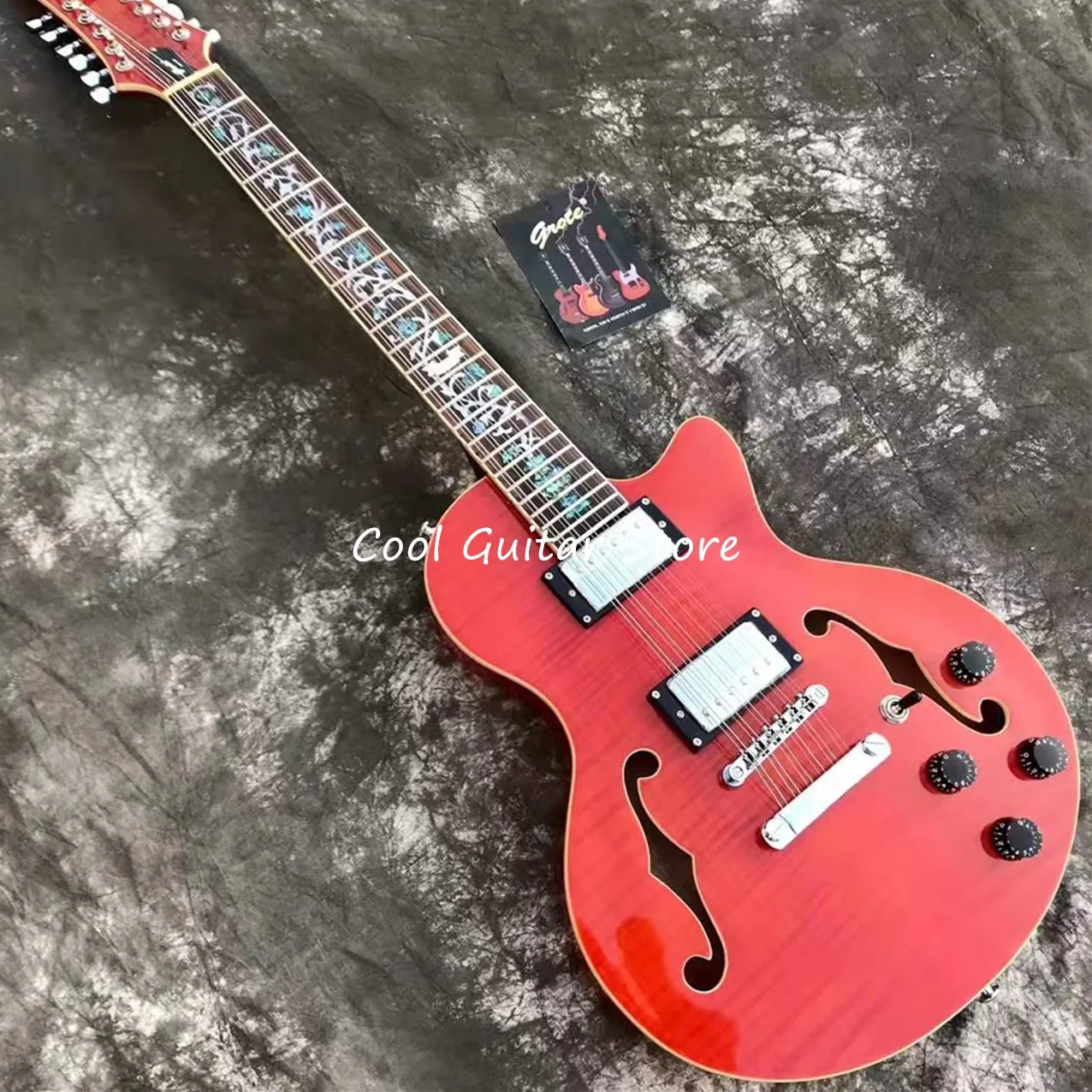 

2023 NEW 12 Strings Jazz Guitar, China Red Guitarra,Hollow Body,Real Abalone Inlay,Rosewood Fretboard,Free Shipping