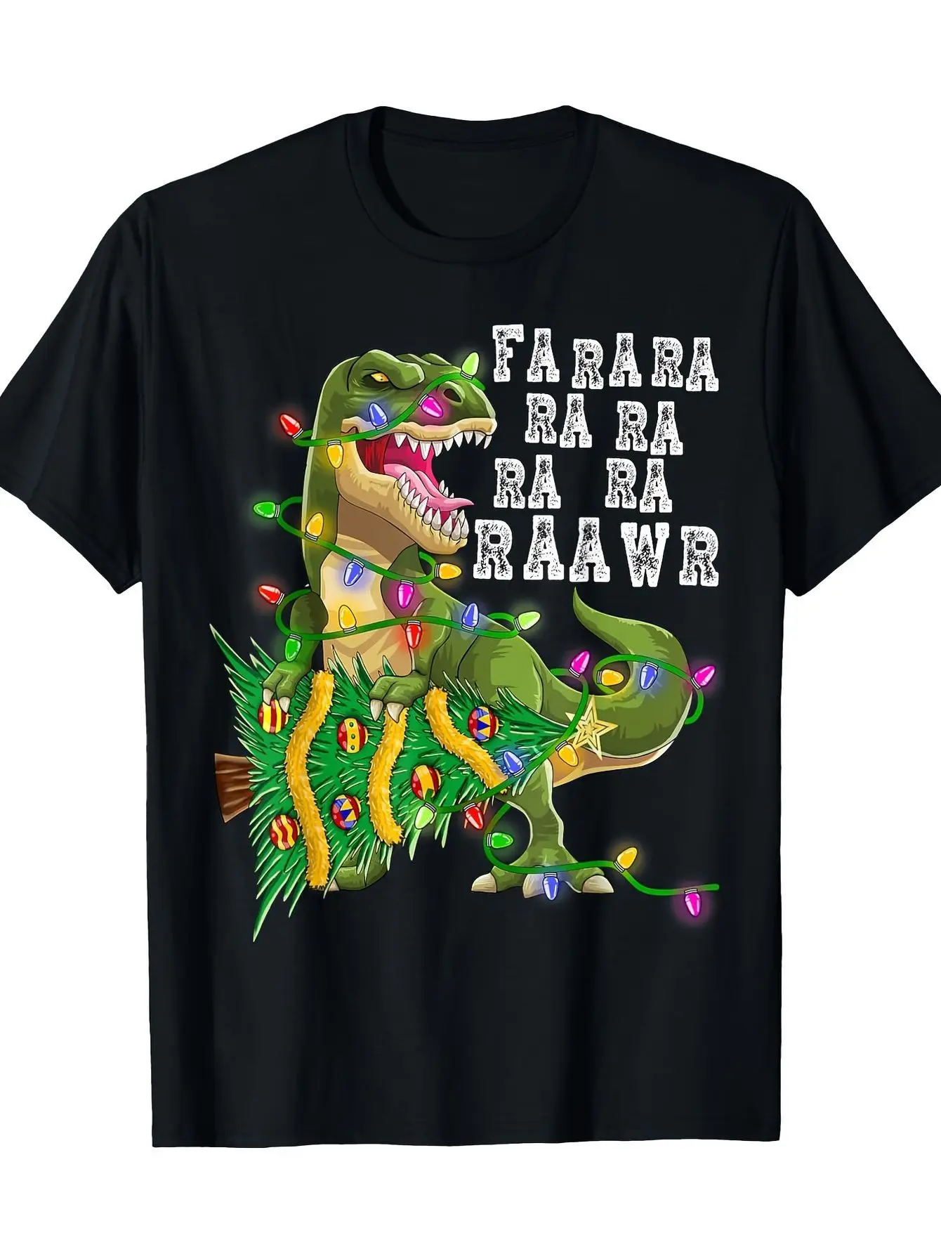 

Funny T-Rex Roar Christmas Tree Lights Graphic Tee Men's Casual Cotton Short Sleeve T-Shirt