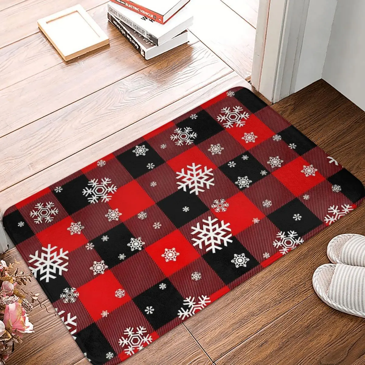 Christmas Bath Mat Snowflakes Red Plaid Bathroom Carpet for Shower Home Decor Anti-Slip Floor Mat Anti-Slip Design Toilet Mat