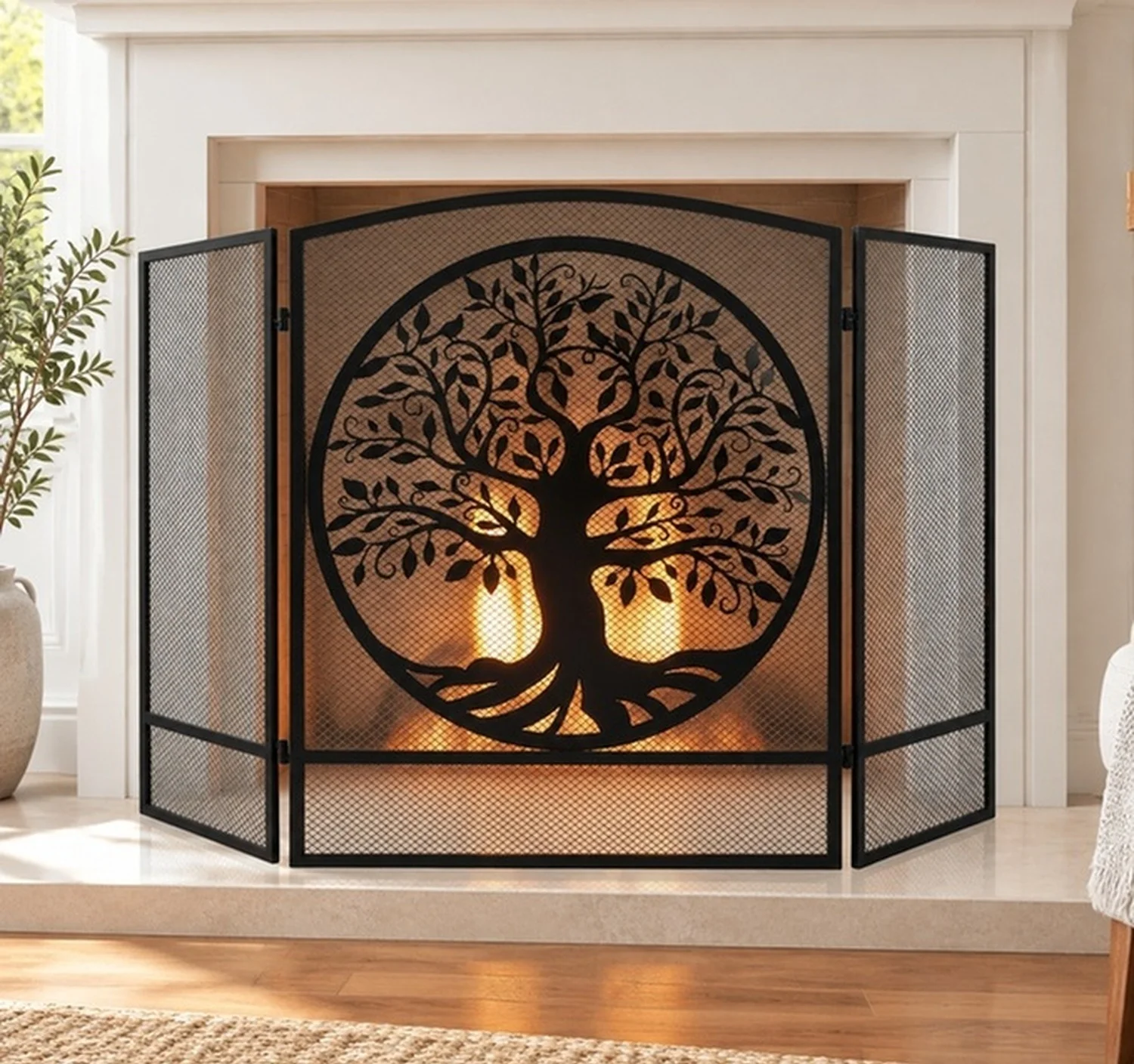 Fireplace Screen Tree of Life Steel Mesh Spark Guard Cover Rustic 3 Panel Fireplace Gate Folding Furnace Fireguards Safe Proof