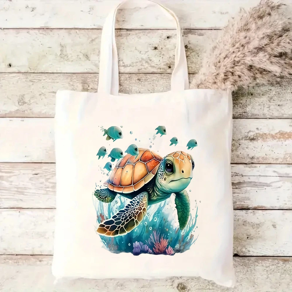 Mom And Baby Sea Turtle Canvas Tote Bag Underwater Floral Print Handbag For Summer Gift Daily Casual Use All Occasions