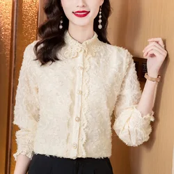 2023 Autumn Women New Chiffon Jacquard Long Sleeve Ruffle Lace Shirts Office Lady Solid Elegant Simple Blouse Female Clothing