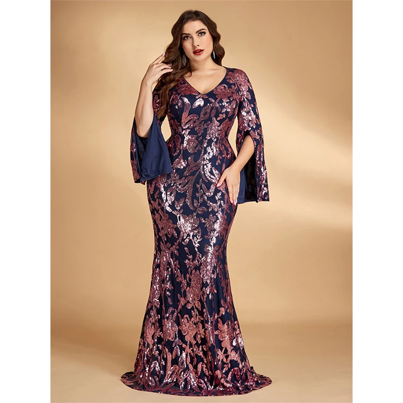 

Элегантные вечерние платья больших размеров с длинным рукавом, V-образным вырезом и пайетками для женщин, тренд 2026 года