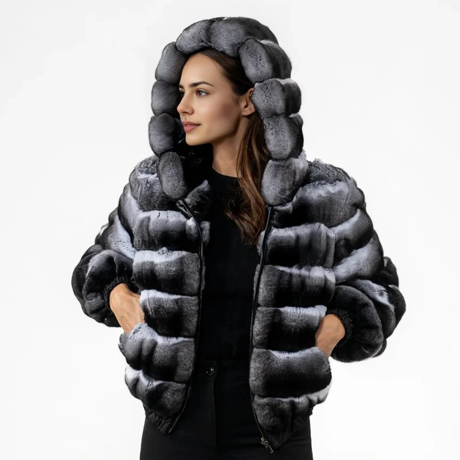 Cappotti invernali in pelliccia di coniglio naturale caldo Cappotto in pelliccia di coniglio Chichilla Rex con cappuccio Giacca bomber Giacca invernale da donna più venduta