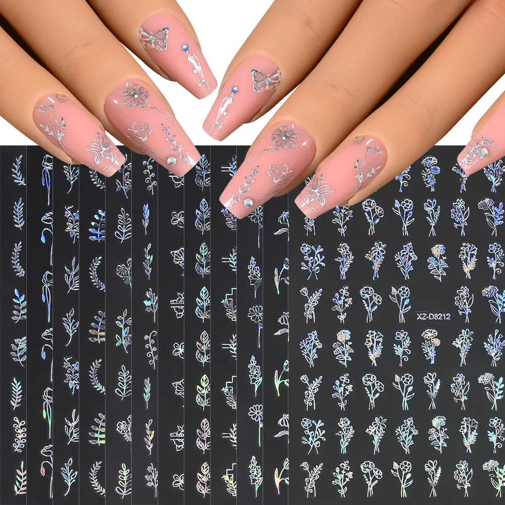 12 Uds. De pegatinas 3D láser para uñas con hojas plateadas y flores, deslizadores adhesivos florales con hojas metálicas, calcomanías de línea rosa para decoración de uñas