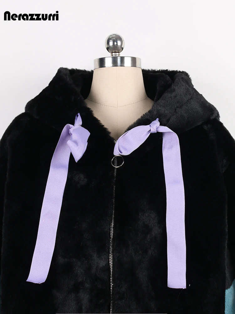 Nerazzurri Winter Thick Warm Soft Harajuku Kawaii Sweet Cute Lovely Faux Fur Hoodie Women Fluffy Jacket with Bunny Ears and Tail